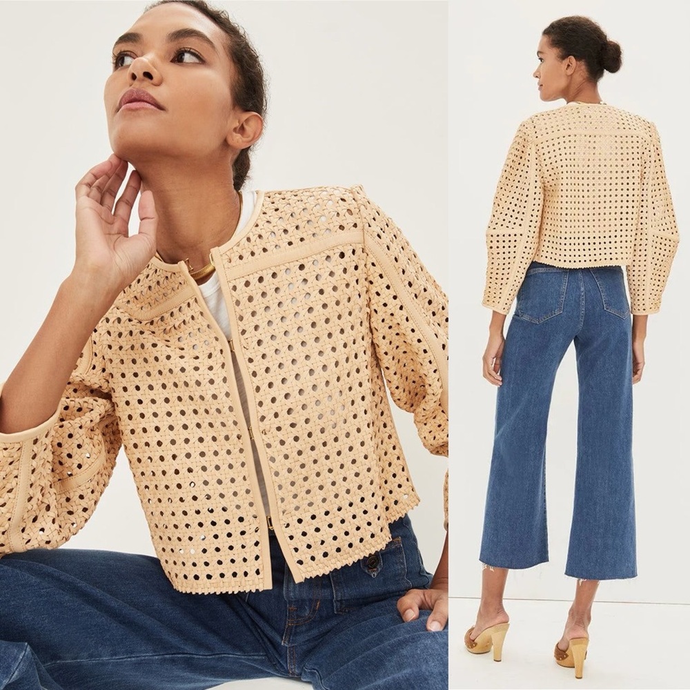 Veronica Beard Fio Woven Basketweave Leather Puff Sleeve Jacket Natural Beige